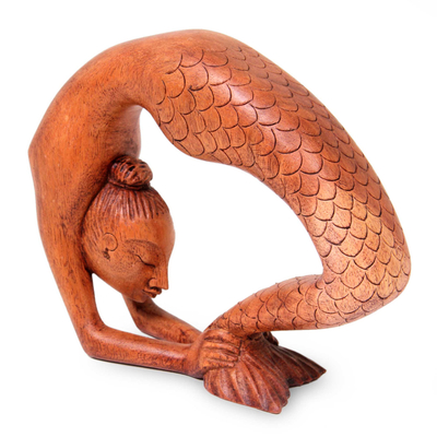 Wood sculpture, 'Setu Bandha Sirsasana Mermaid' - Signed Mermaid Wood Sculpture from Bali