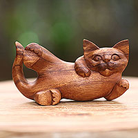 Wood sculpture, 'Naughty Kitty' - Balinese Signed Hand Carved Cat Sculpture in Wood