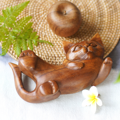 Escultura de madera - Escultura de gato tallada a mano balinesa firmada en madera