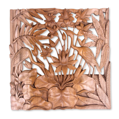 Wood wall panel, 'Crane Courtship' - Hand Carved Low Relief Wall Panel with Birds and Flowers