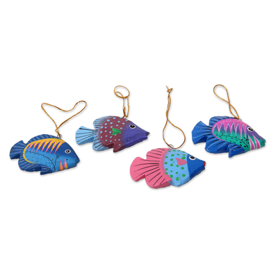 Wood ornaments, 'Rainbow Fish' (set of 4) - Artisan Crafted Wood Fish Ornaments from Bali (Set of 4)