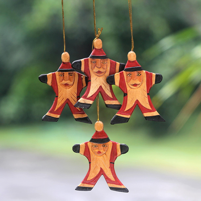Wood ornaments, Happy Red Santa (set of 4)