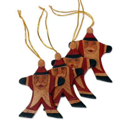 Wood ornaments, 'Happy Red Santa' (set of 4) - Artisan Crafted Santa Claus Christmas Ornaments (Set of 4)