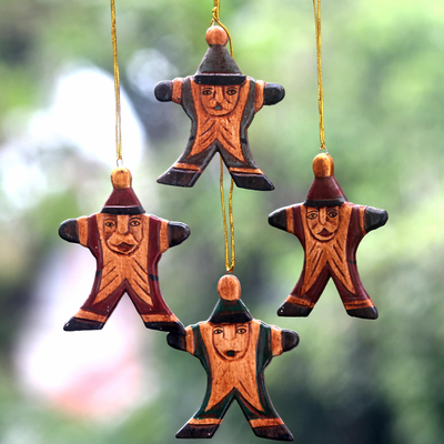 Wood ornaments, Happy Santa (set of 4)