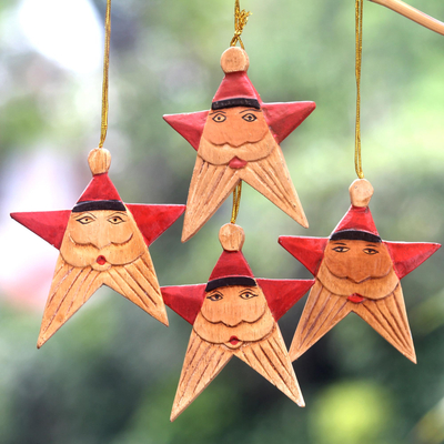 Wood ornaments, 'Red Santa Stars' (set of 4) - Santa Claus Star Wood Ornaments Handmade in Bali (Set of 4)