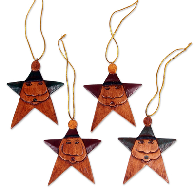 Wood ornaments, 'Maroon Green Santa Stars' (set of 4) - Santa Claus Star Ornaments in Maroon and Green (Set of 4)