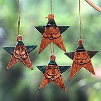 Wood ornaments, 'Green Santa Stars' (set of 4) - Green Santa Stars Wood Ornaments Handmade in Bali (Set of 4)