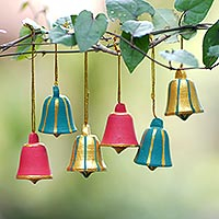 Artisan Crafted Wood Bell Ornaments in 3 Colors (Set of 6),'Balinese Christmas Bells'