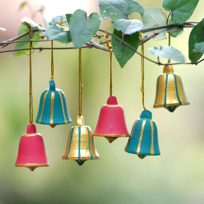 Wood ornaments, 'Balinese Christmas Bells' (set of 6) - Artisan Crafted Wood Bell Ornaments in 3 Colors (Set of 6)
