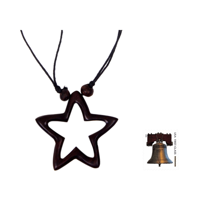 Wood pendant necklace, 'My Star of Hope' - Star Theme Hand Crafted Bali Wood Necklace