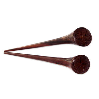Wood hair pins, 'Semanggi' (pair) - Handcrafted Wood Hair Sticks with Carved Leaf Motif (Pair)