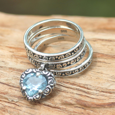 Blue topaz stacking rings, 'Love Sparkles' (set of 3) - Blue Topaz Heart in 3 Sterling Silver Stacking Rings