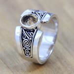 Citrine single stone ring, 'Yellow Karma' - Sterling Silver Wide Band Ring with Citrine from Bali