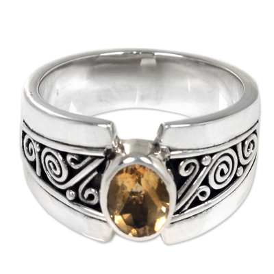 Citrine single stone ring, 'Yellow Karma' - Sterling Silver Wide Band Ring with Citrine from Bali