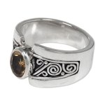 Citrine single stone ring, 'Yellow Karma' - Sterling Silver Wide Band Ring with Citrine from Bali