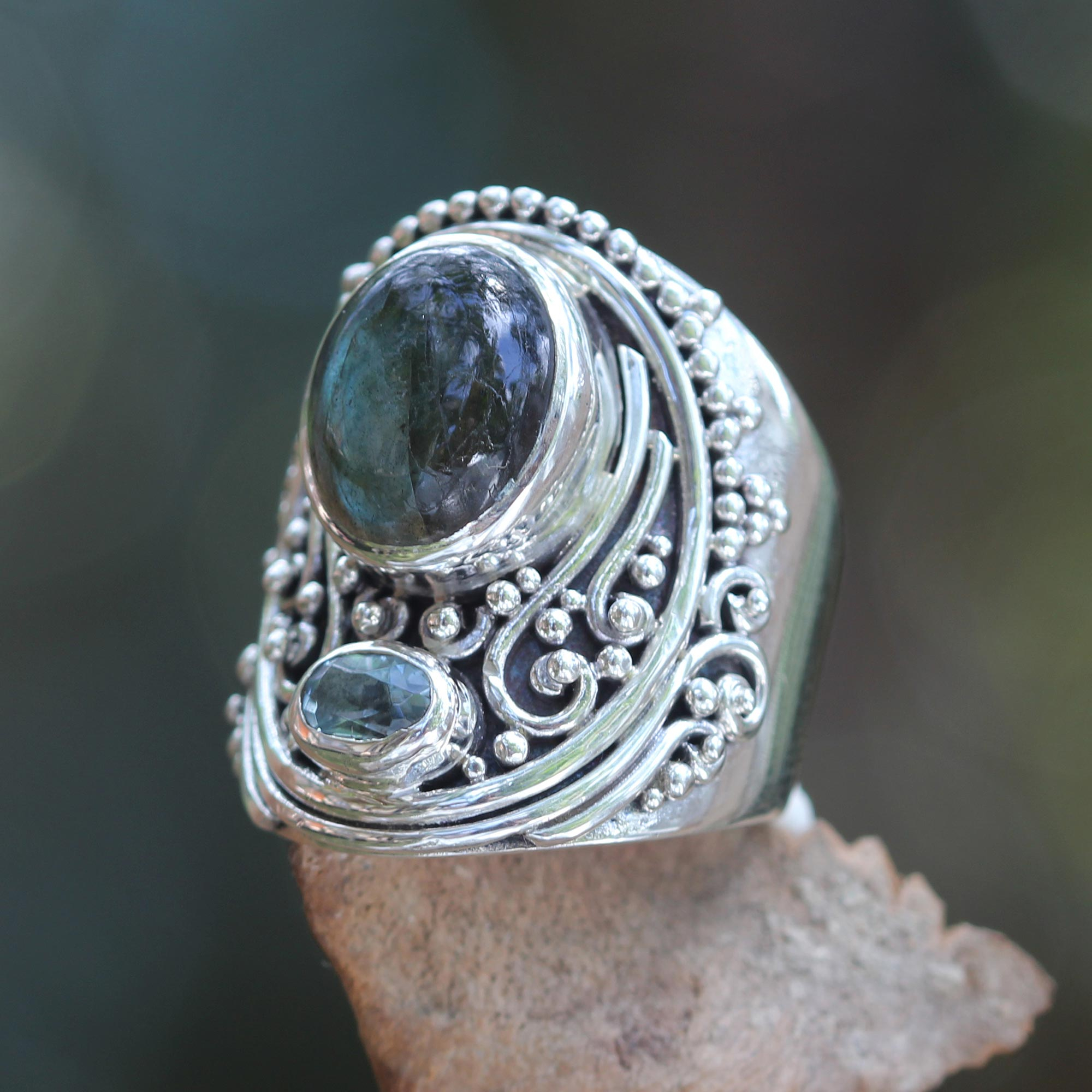 Handcrafted Balinese Labradorite And Blue Topaz Silver Ring - Misty 