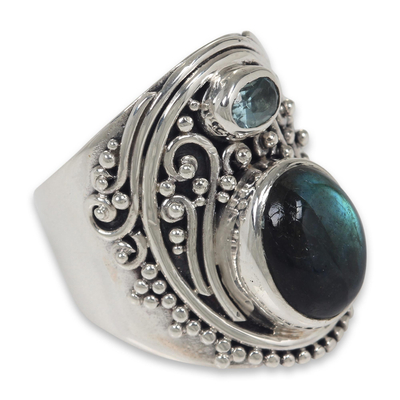 Labradorite and blue topaz cocktail ring, 'Misty Starlight' - Handcrafted Balinese Labradorite and Blue Topaz Silver Ring