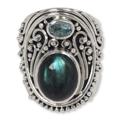 Labradorite and blue topaz cocktail ring, 'Misty Starlight' - Handcrafted Balinese Labradorite and Blue Topaz Silver Ring