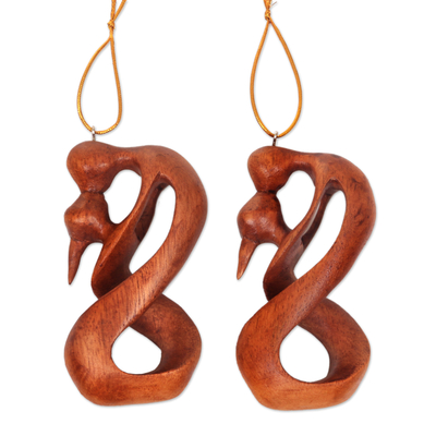 Wood ornaments, 'Sealed with a Kiss' (pair) - Set of 2 Artisan Crafted Romantic Wood Ornaments