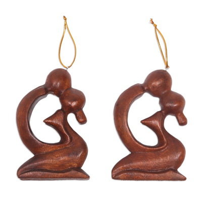 2 Ornaments of Couple Kissing Hand Carved of Suar Wood