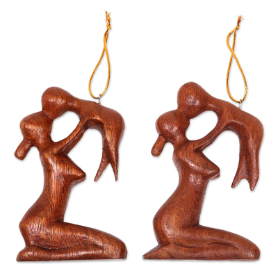 Wood ornaments, 'Gentle Touch of a Mother' (pair) - Playful Mother and Baby Ornaments Hand Carved Wood (Pair)