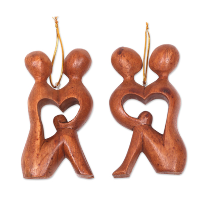 Wood ornaments, 'Look Into My Eyes' (pair) - 2 Heart Shaped Romantic Ornaments Hand Carved Wood Sculpture