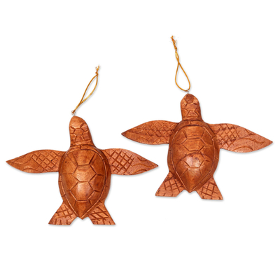 Wood ornaments, 'Patient Turtle' (pair) - 2 Turtle Wood Ornaments Artisan Crafted in Indonesia
