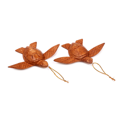 Wood ornaments, 'Patient Turtle' (pair) - 2 Turtle Wood Ornaments Artisan Crafted in Indonesia