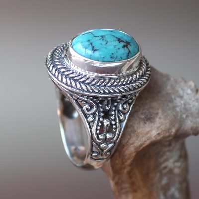 Turquoise cocktail ring, 'Javanese Lake' - Natural Turquoise Handcrafted Sterling Silver Cocktail Ring