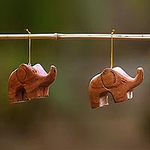 Hand Carved Petite Brown Elephant Wood Ornament Pair, 'Little Brown Elephants'