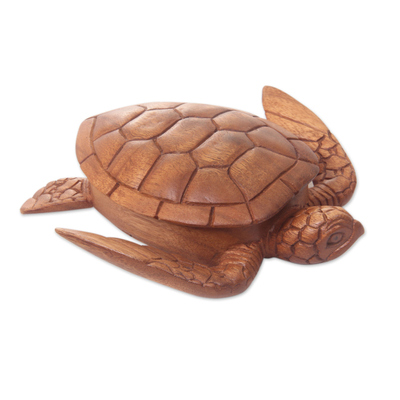 Wood box, 'Sea Turtle Guardian' - Hand Carved Wood Sculpture Decorative Box