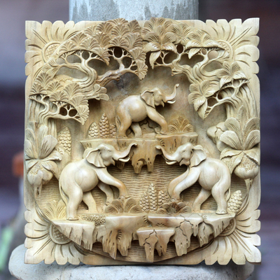 Wood relief panel, 'Jungle Living' - Hand Carved Three Dimensional Elephant Wood Wall Panel