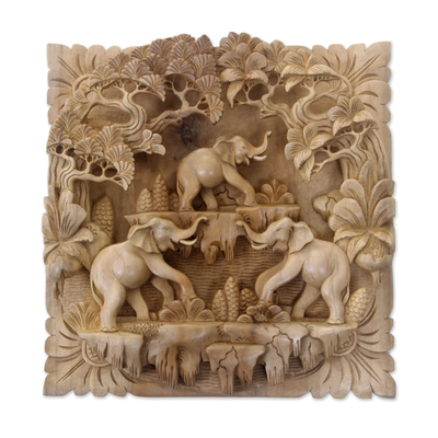Wood relief panel, 'Jungle Living' - Hand Carved Three Dimensional Elephant Wood Wall Panel