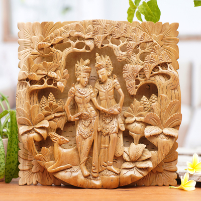 Reliefplatte aus Holz - Kunstvoll detaillierte Holzrelieftafel von Rama und Sita