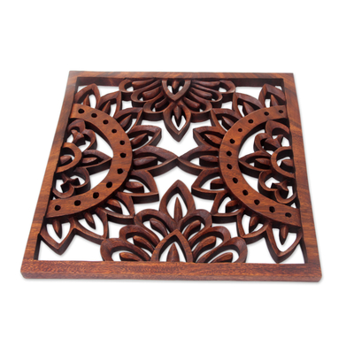 Wood relief panel, 'Sunshine' - Fair Trade Carved Wood Sun Theme Wall Relief Panel from Bali
