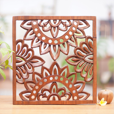 Wood relief panel, 'Sunshine' - Fair Trade Carved Wood Sun Theme Wall Relief Panel from Bali