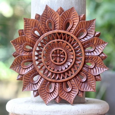 Wood relief panel, 'Sunflower' - Floral Motif Artisan Hand Carved Wood Relief Panel