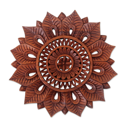 Wood relief panel, 'Sunflower' - Floral Motif Artisan Hand Carved Wood Relief Panel