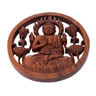 Wood relief panel, 'Blessing Buddha' - Carved Wood Relief Panel of Buddha with Brown Finish