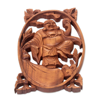 Wood relief panel, 'Happy Buddha' - Chinese Style Happy Buddha Carved Wood Wall Panel