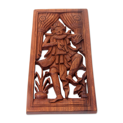 Wood relief panel, 'Baris Dancer' - Balinese Dance Themed Hand Carved Wood Wall Panel