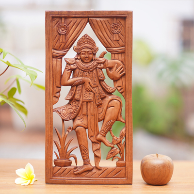 Wood relief panel, 'Baris Dancer' - Balinese Dance Themed Hand Carved Wood Wall Panel