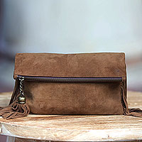 Suede clutch, 'On the Fringe' - Stylish Fringed Brown Suede Clutch Handbag for Women