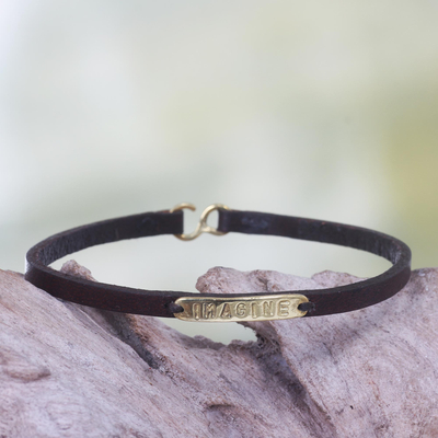 Leather wristband bracelet, 'Imagine' - Leather Brass Bracelet with Engraved Inspirational Message