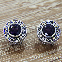 Gold-accented amethyst button earrings, 'Deep Purple Glow' - Gold-Accented Sterling Silver Earrings with Amethysts