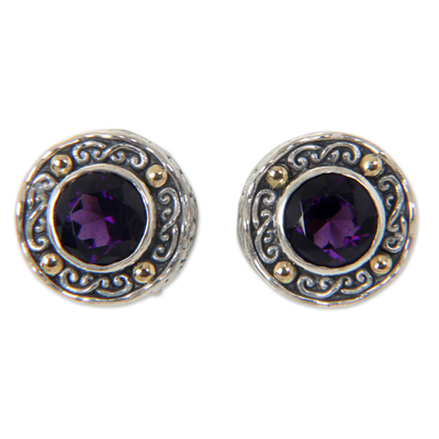 Gold-accented amethyst button earrings, 'Deep Purple Glow' - Gold-Accented Sterling Silver Earrings with Amethysts