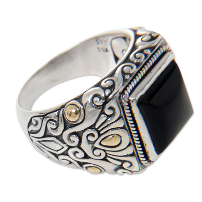 Men's gold accented onyx ring, 'Tambora' - Onyx and Gold Accented Sterling Silver Ring for Men