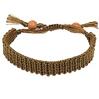 Macrame wristband bracelet, 'Braided Golden Olive' - Hand Knotted Macrame Wristband Bracelet in Golden Olive