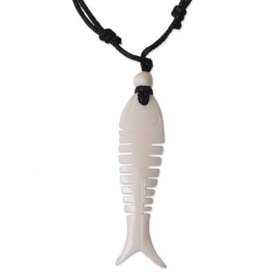 Hand Carved Bone Fish Pendant on Cotton Necklace