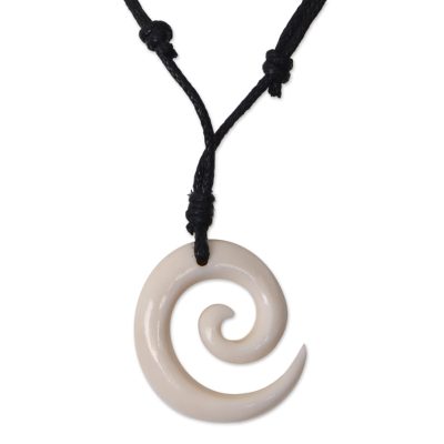Hand Crafted Spiral Bone Pendant and Cotton Necklace